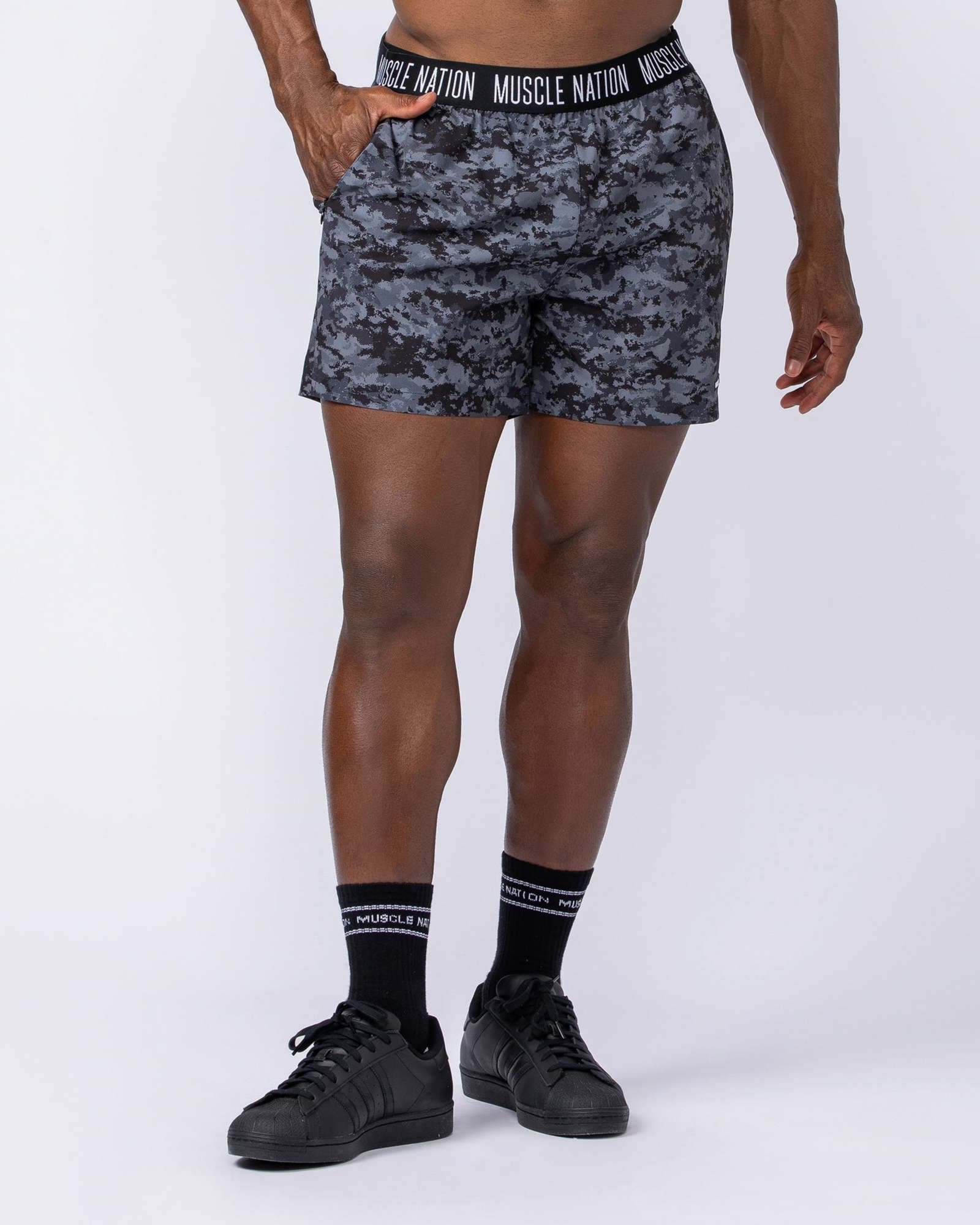 Level Up Training 4" Shorts - Grey/Black Distressed Print