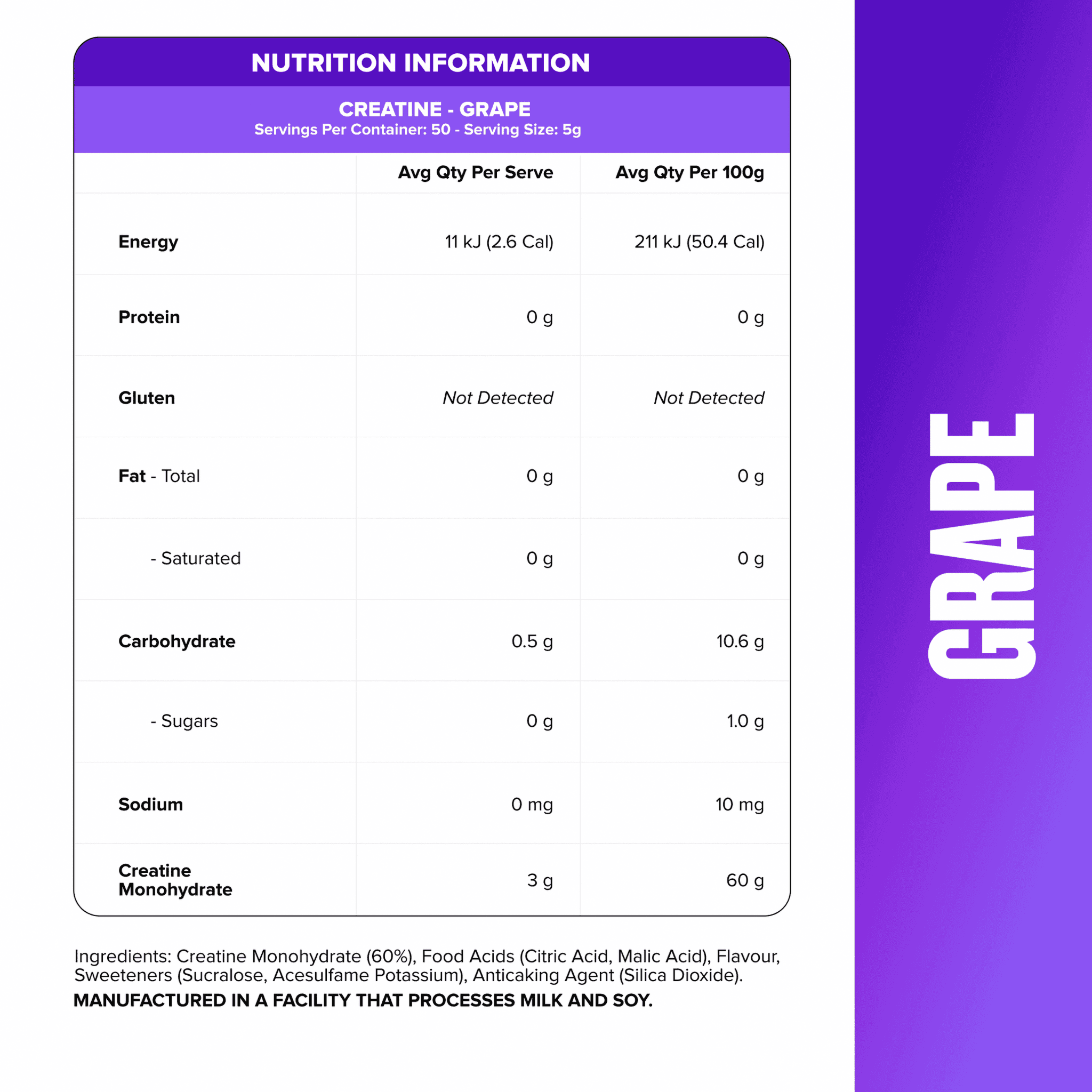 CREATINE MONOHYDRATE - Grape - 50 serves
