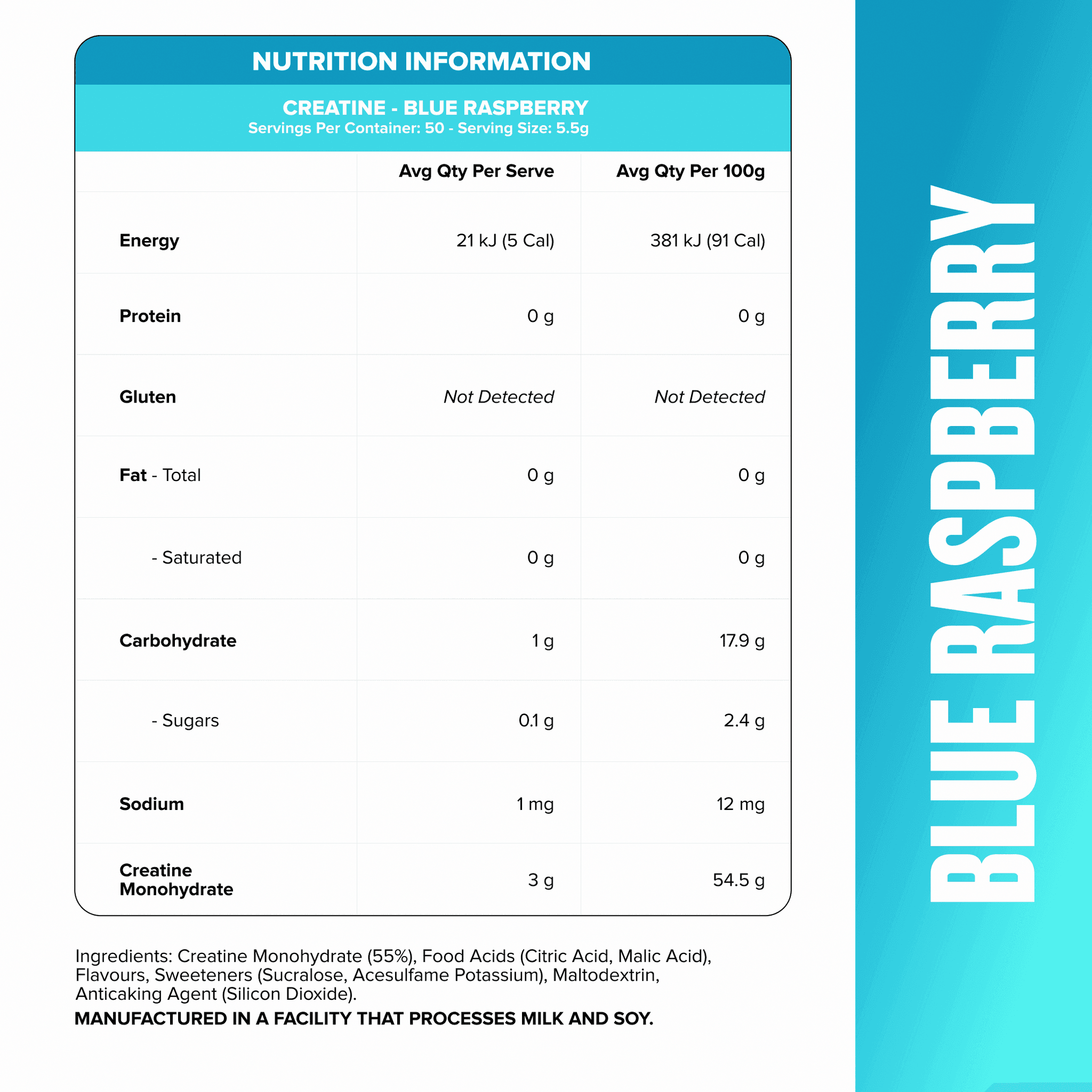 CREATINE MONOHYDRATE - Blue Raspberry - 50 serves