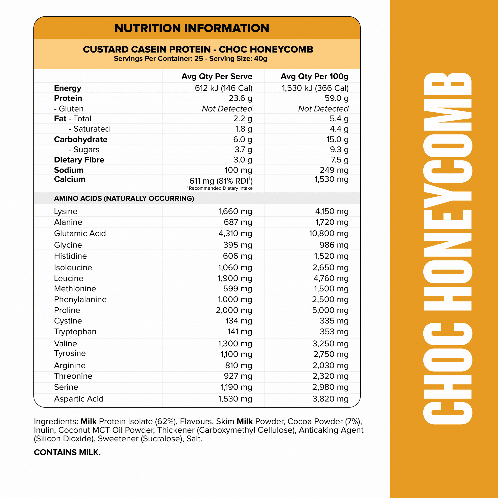 CUSTARD Casein Protein - Choc Honeycomb - 25 serves