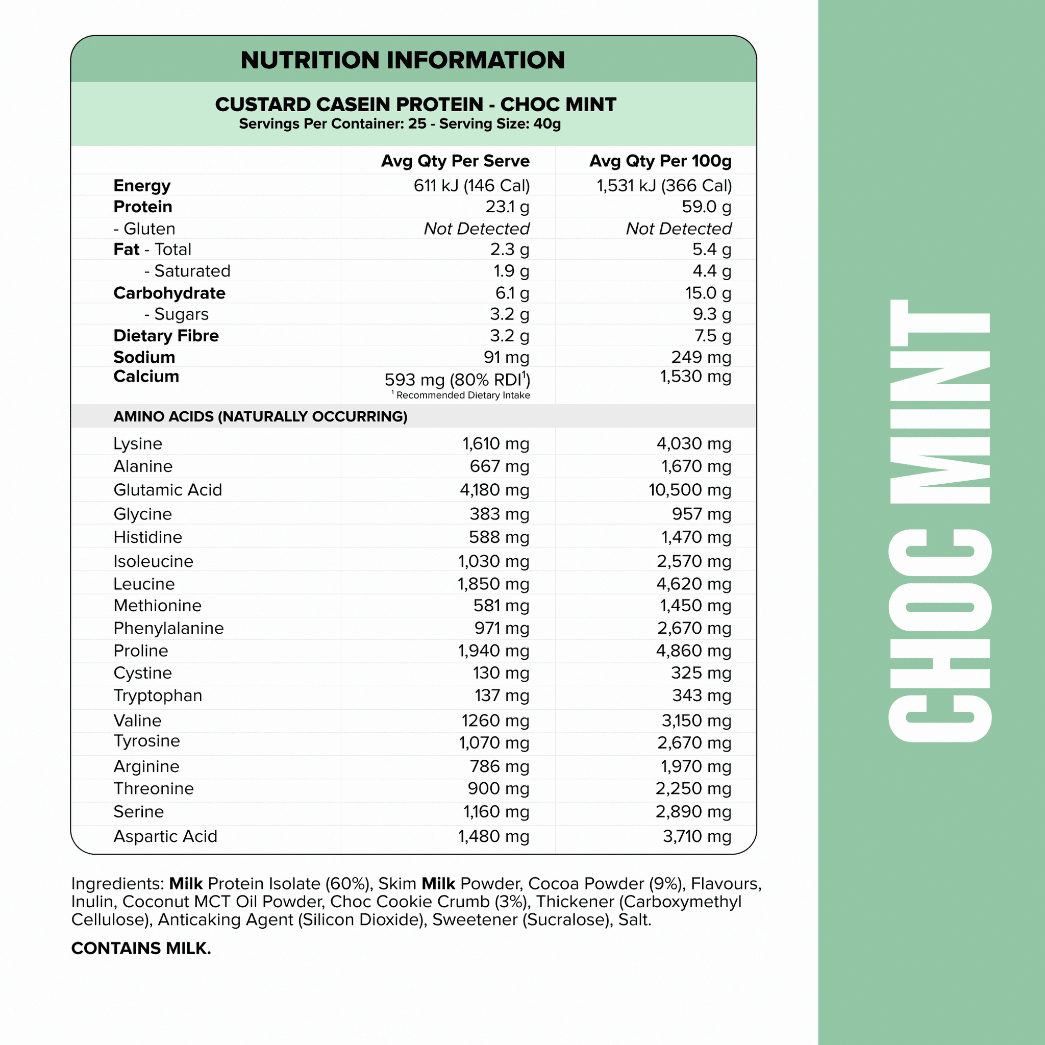 CUSTARD Casein Protein - Choc Mint - 25 serves