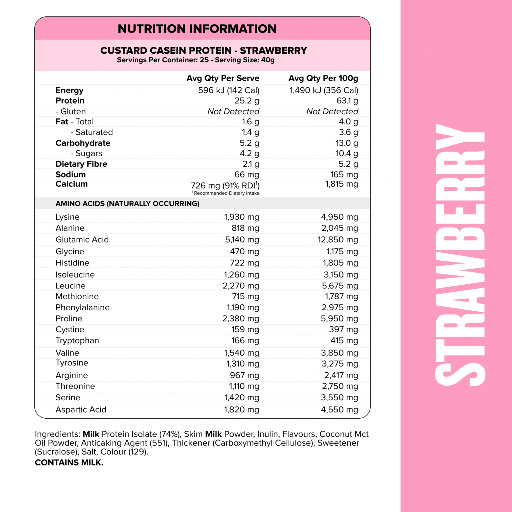 CUSTARD Casein Protein - Strawberry - 25 serves