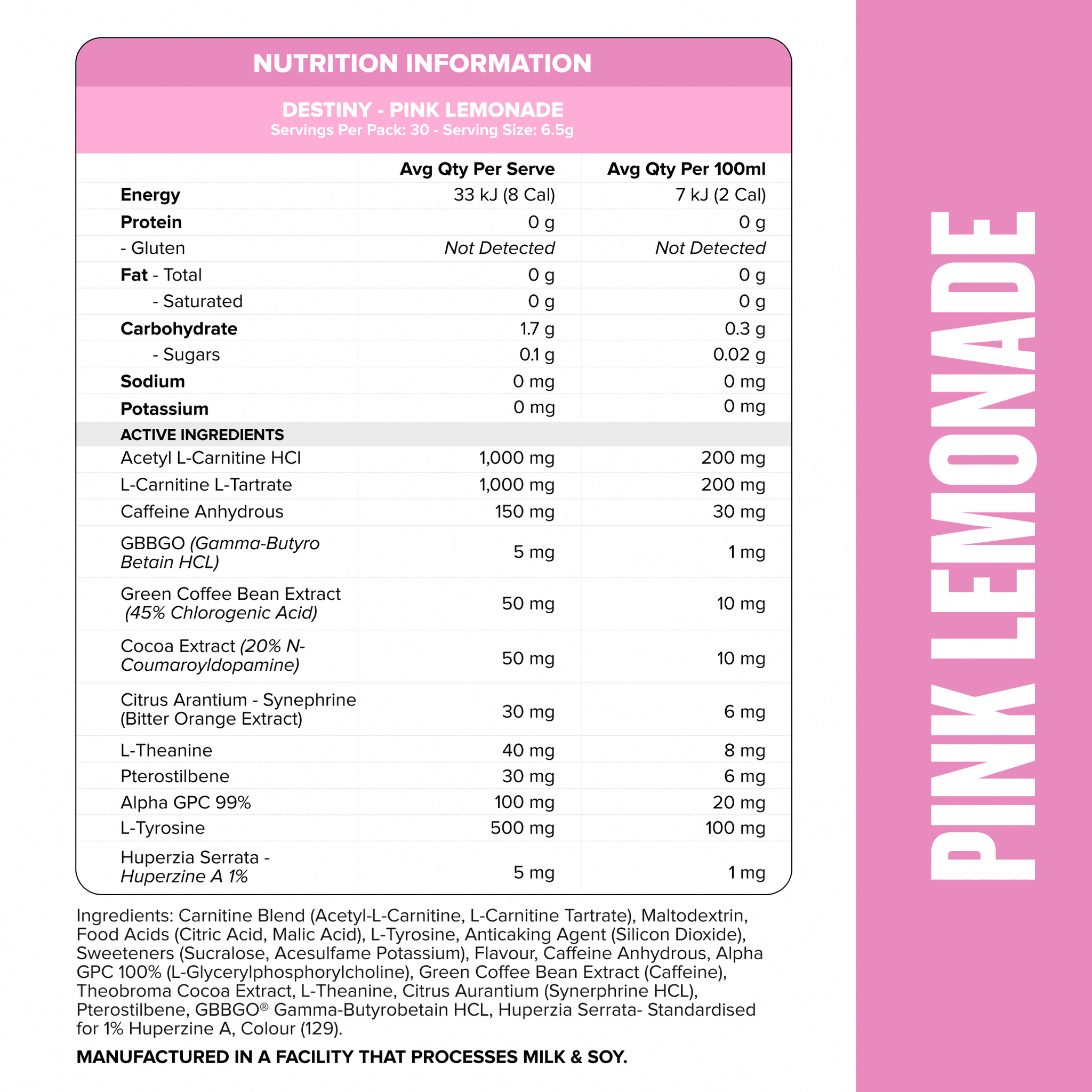 DESTINY Pre-Workout Burn - Pink Lemonade - 30 serves