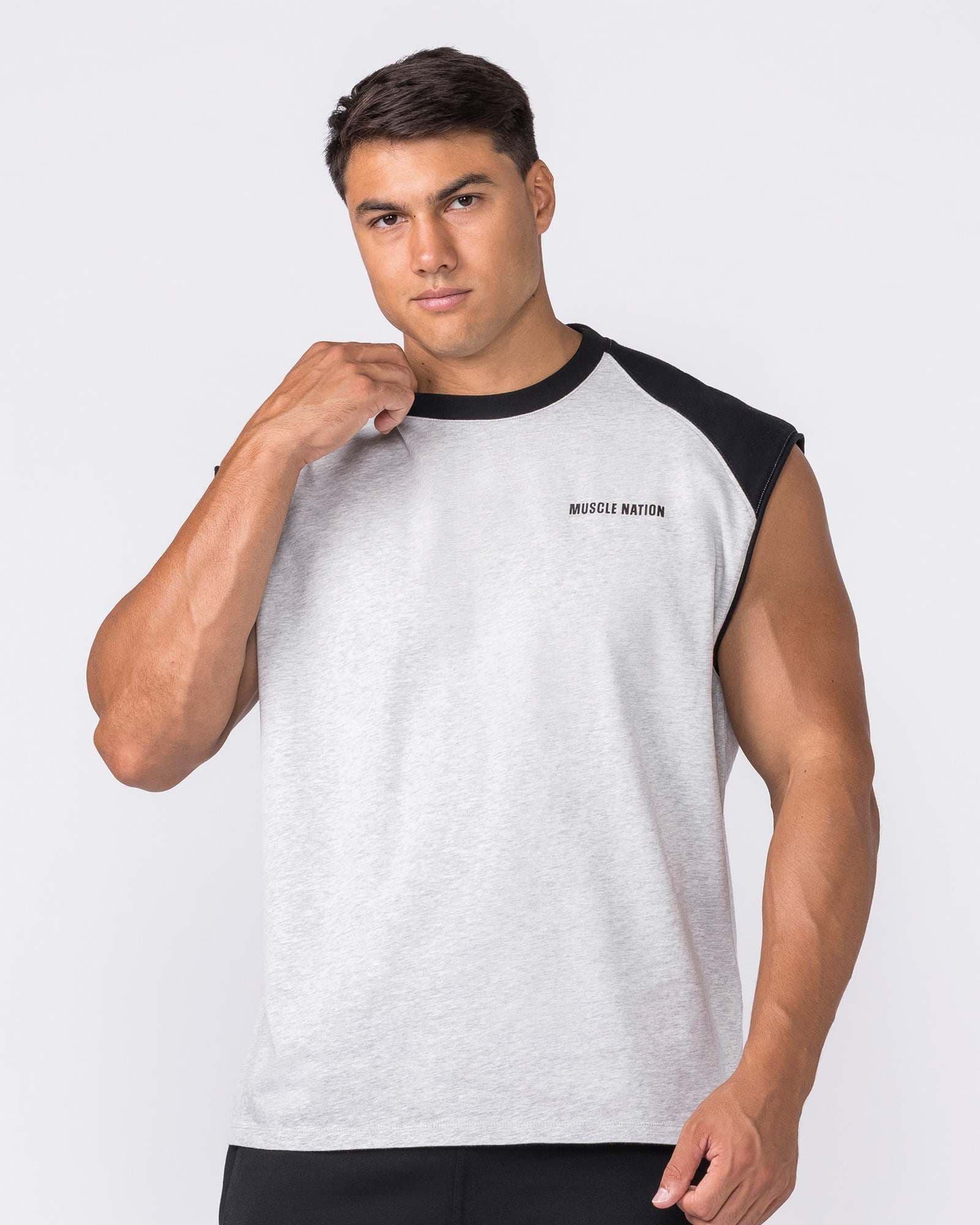 Essential Raglan Boxy Muscle Tank - Grey Marl / Black