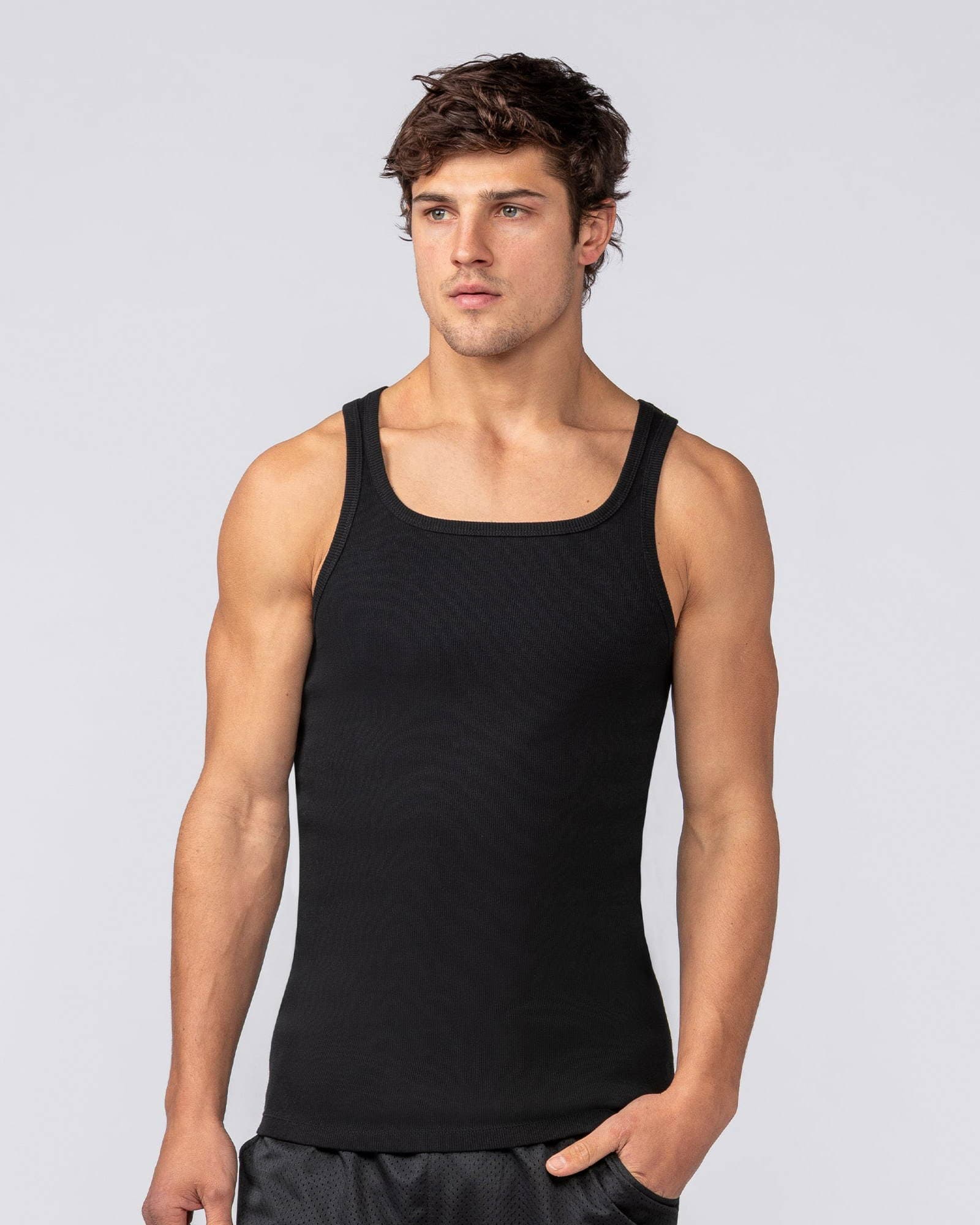 Ribbed Fitted Square Neck Training Tank - Black