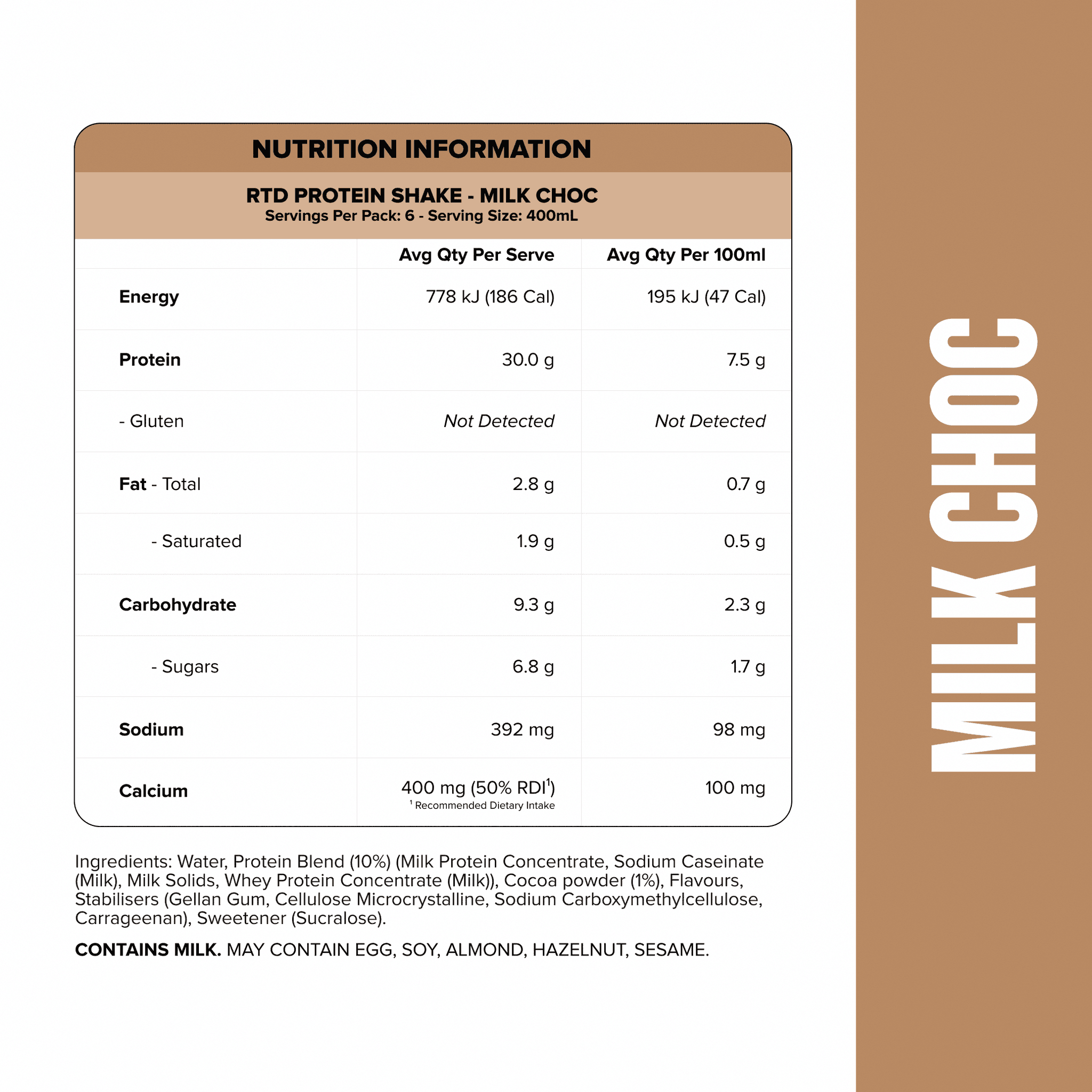 Protein Shake RTD - Milk Choc 400ml Bottle (6 Pack)