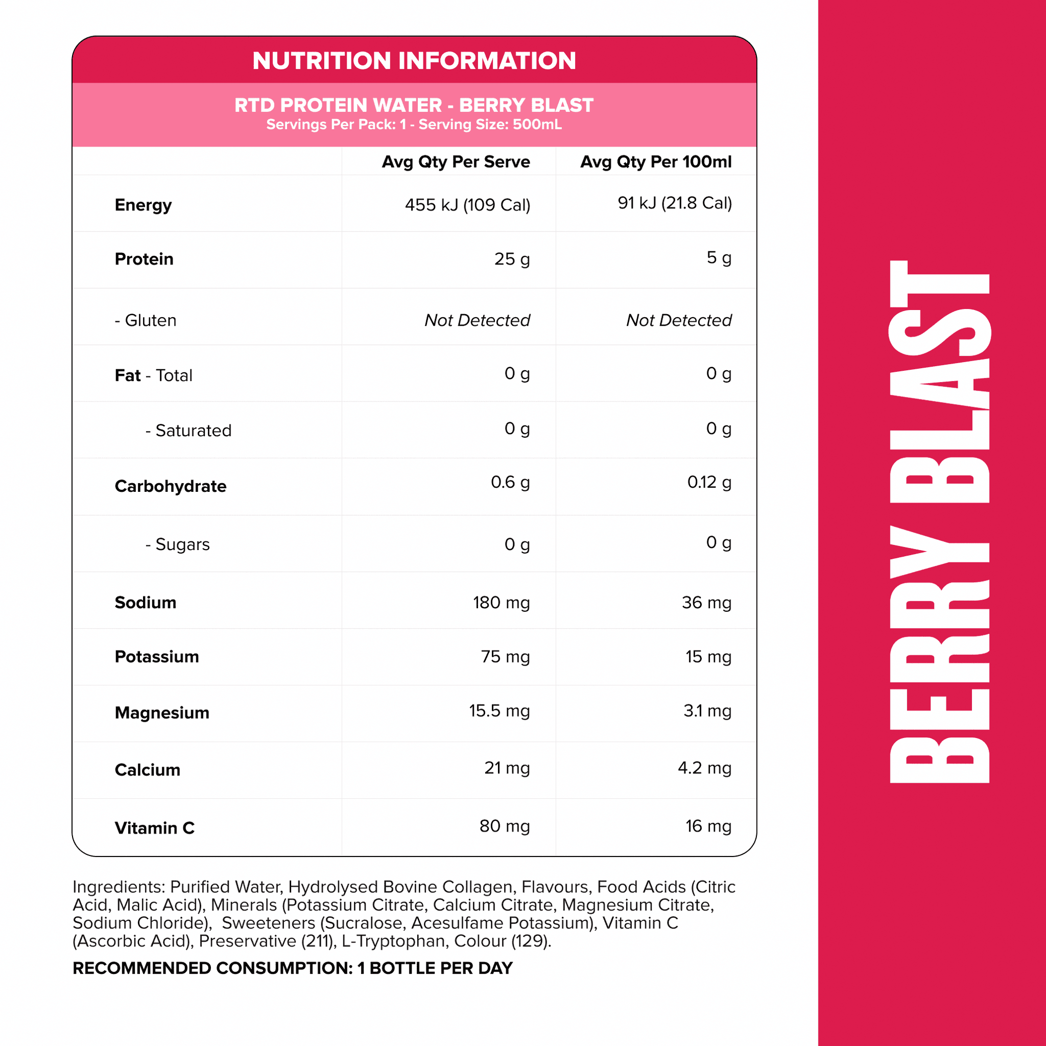 Protein Water RTD - Berry Blast 500ml (12 Pack)