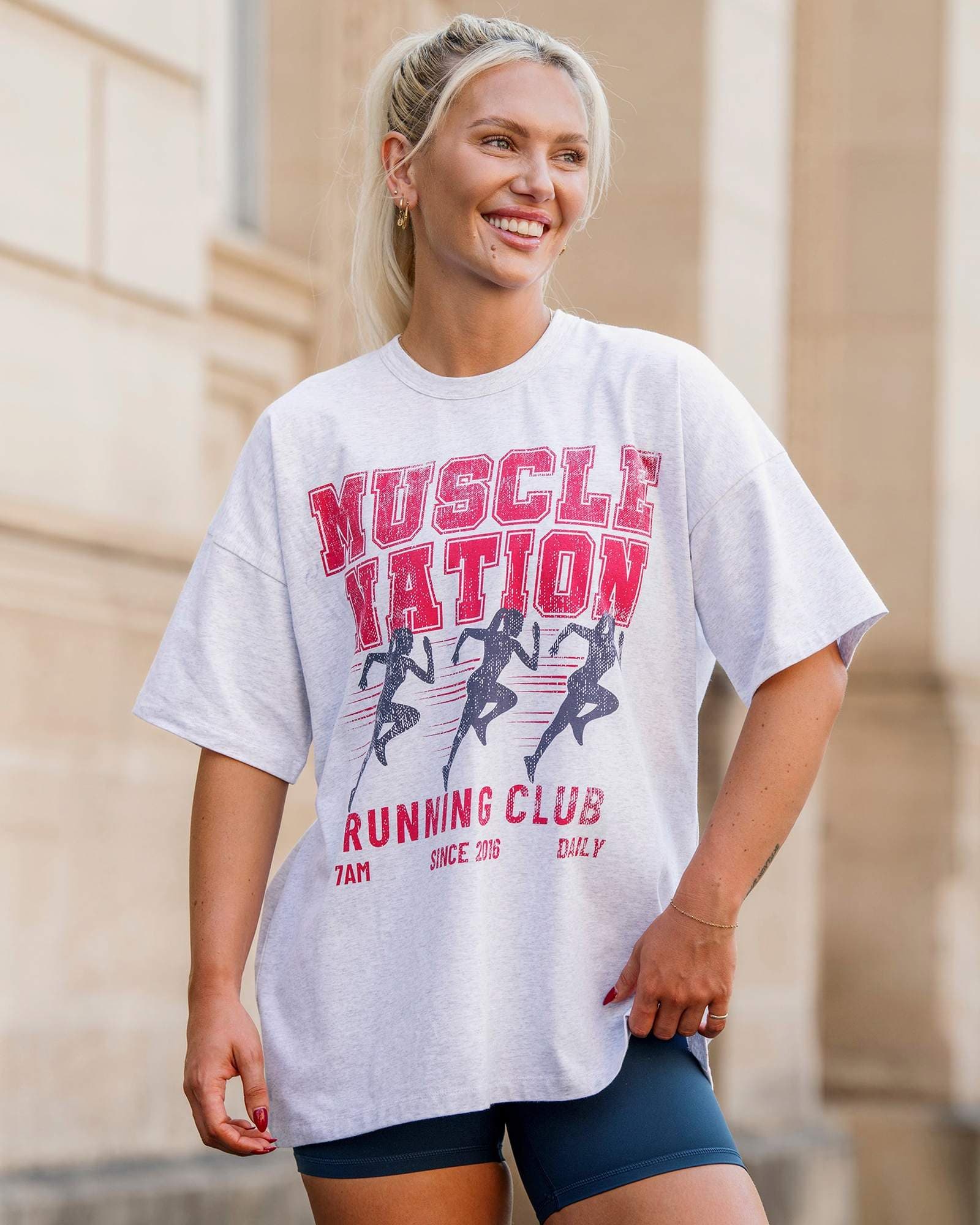 Womens Running Club Oversized Tee - Snow Grey Marl