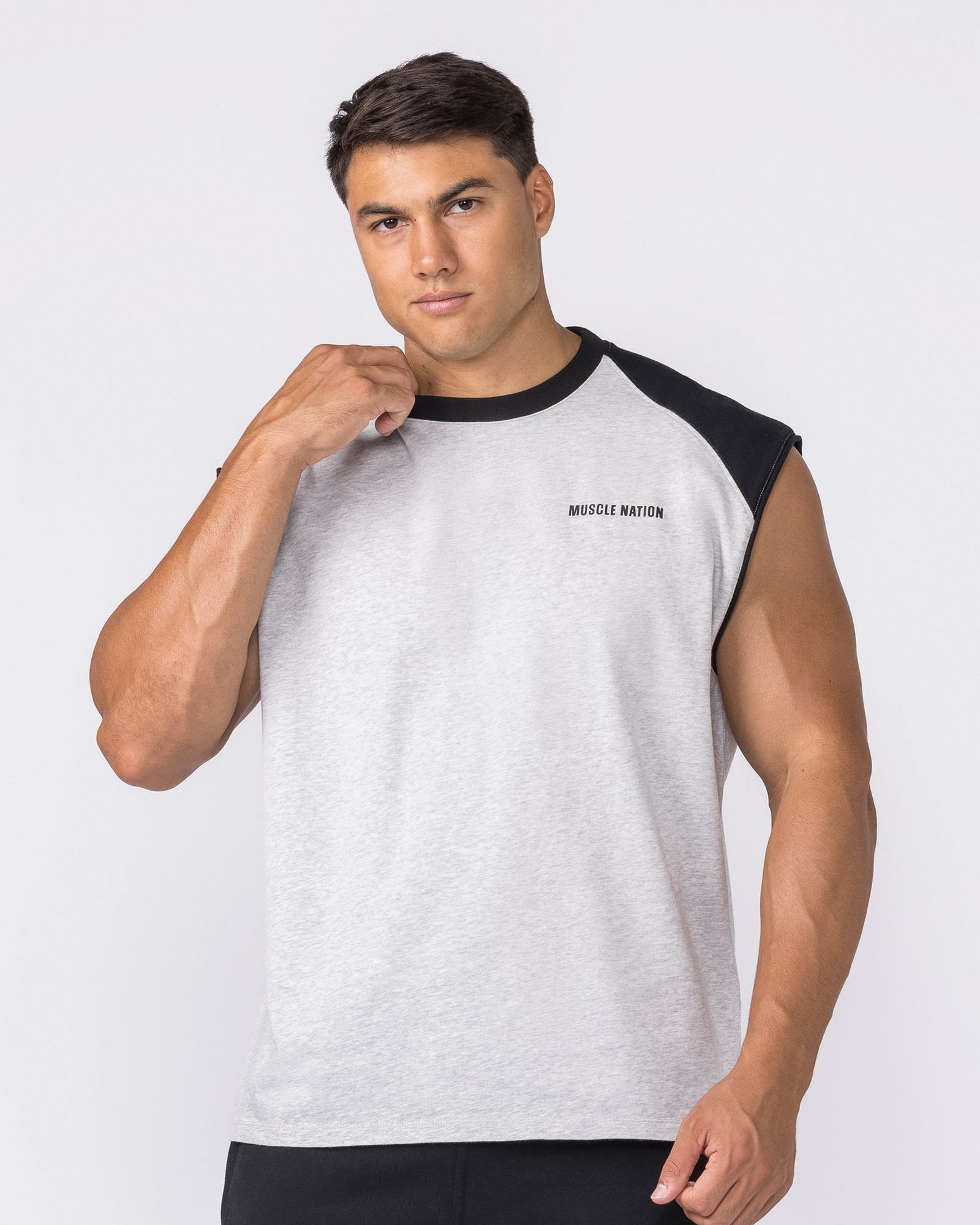 Essential Raglan Boxy Muscle Tank - Grey Marl / Black