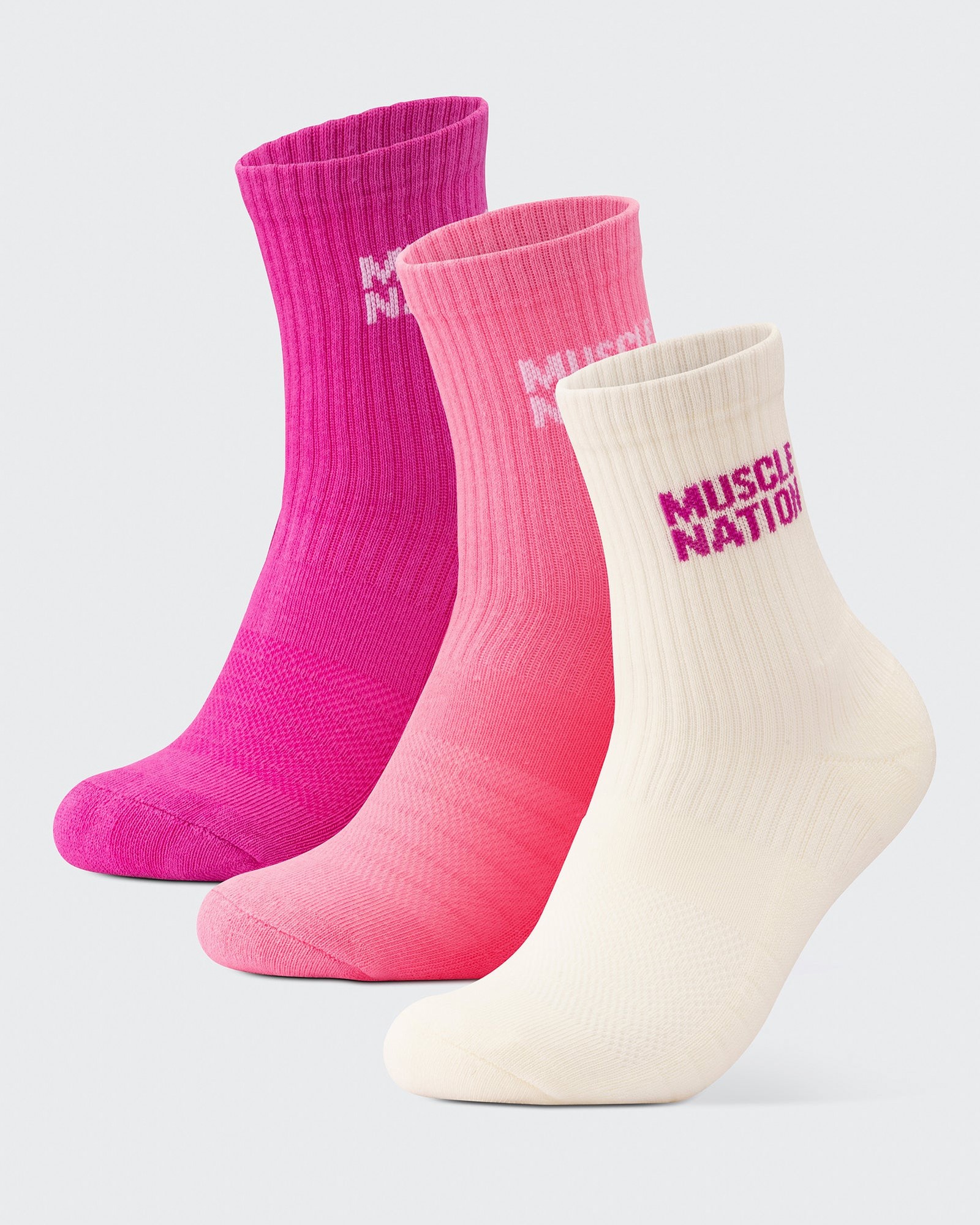 Womens Essential Crew Socks (3x Pack) - Off White / Bright Pink / Hyper Fuchsia