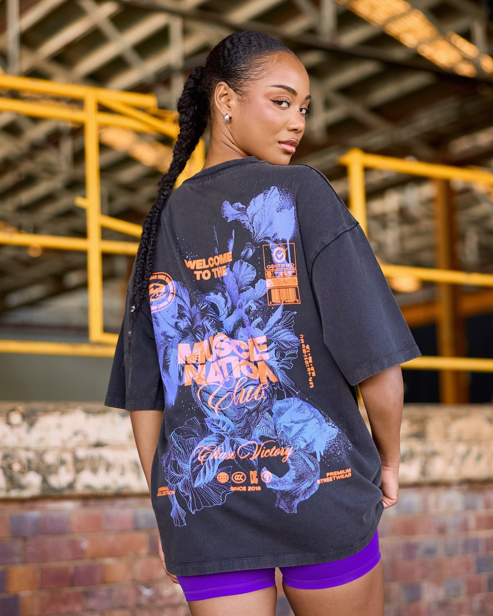 Womens Neon Iris Oversized Vintage Tee - Washed Black