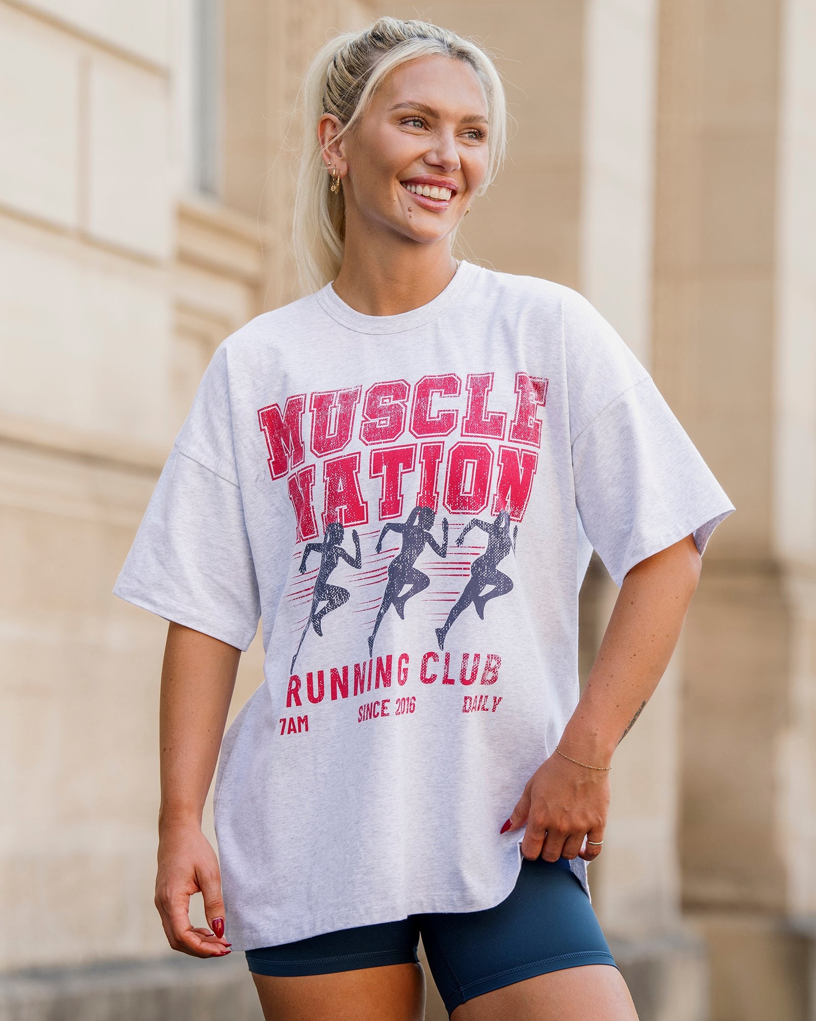 Womens Running Club Oversized Tee - Snow Grey Marl