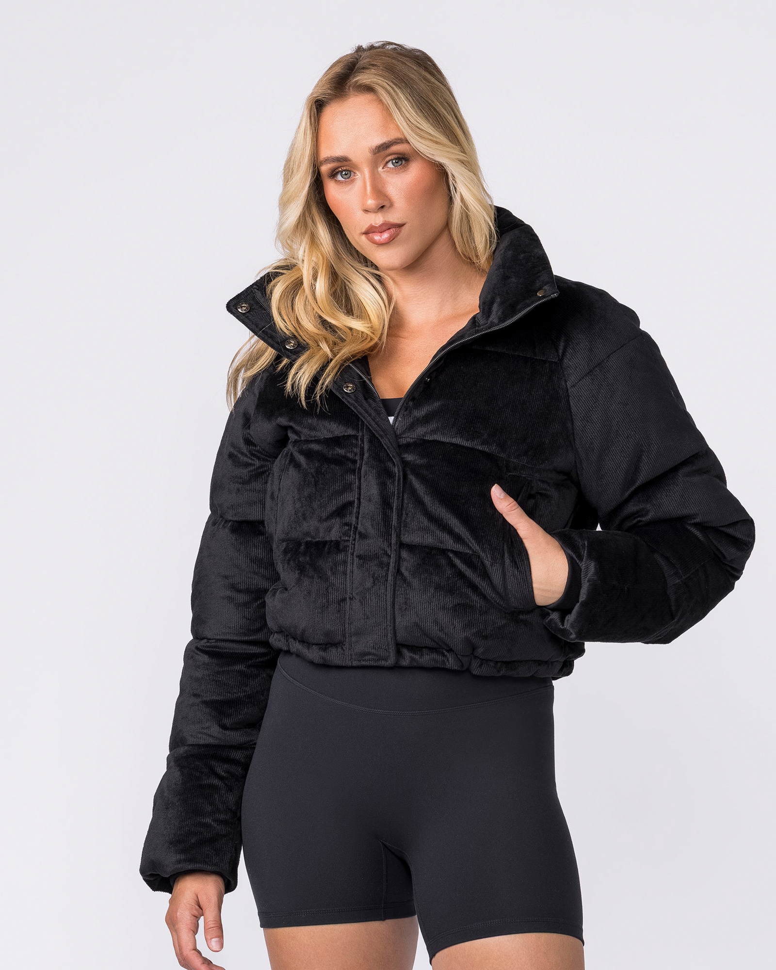 Cord Puffer Jacket - Black