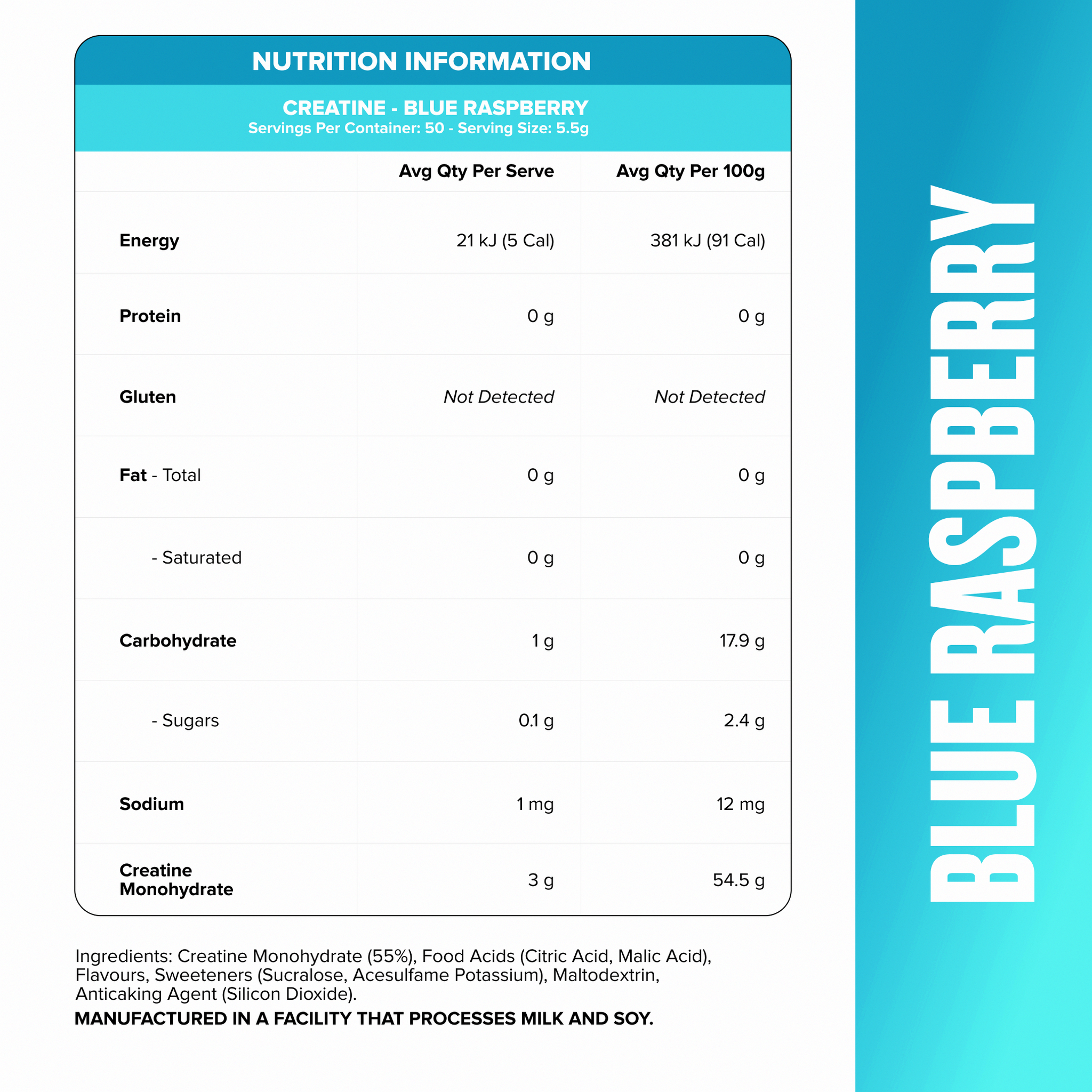CREATINE MONOHYDRATE - Blue Raspberry - 50 serves