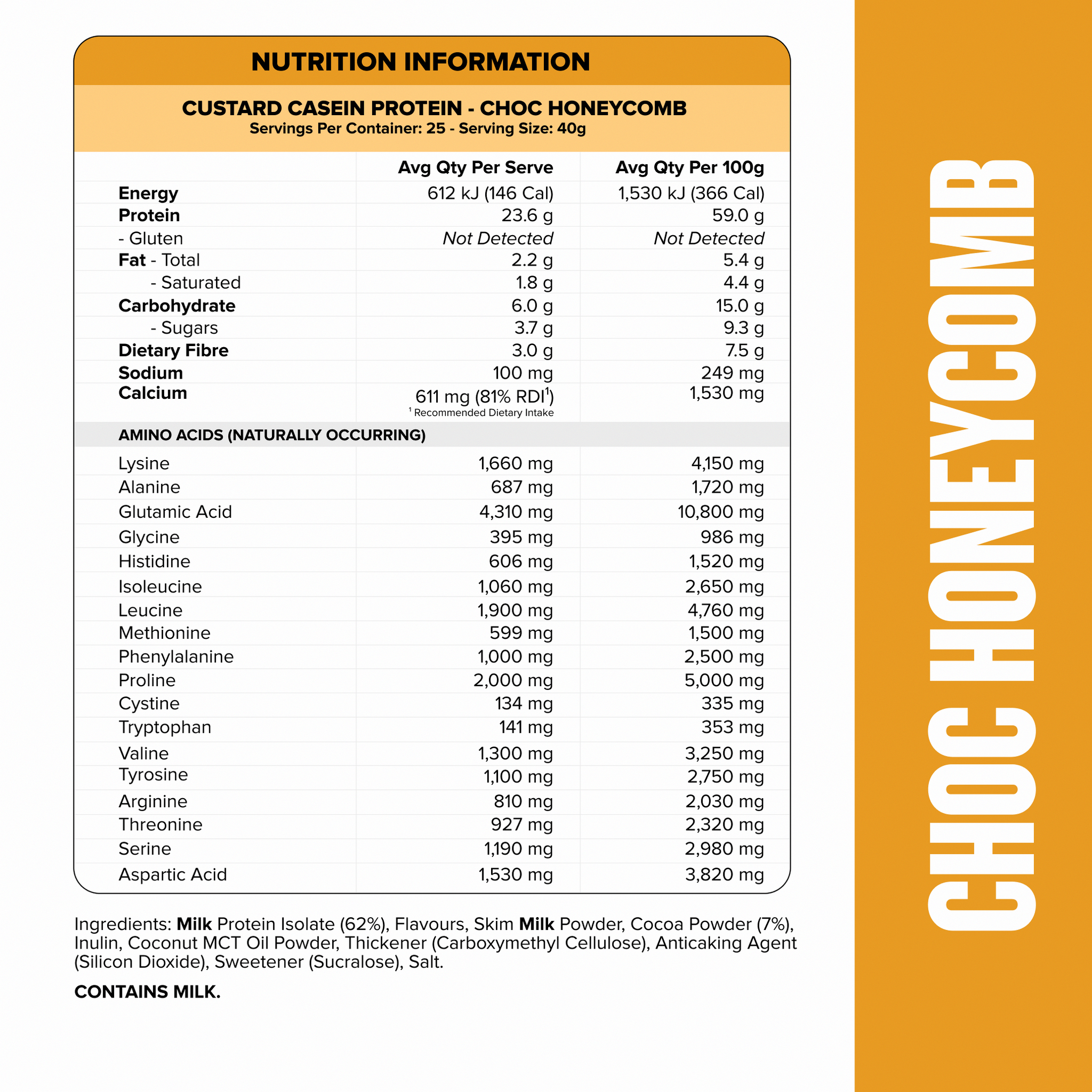 CUSTARD Casein Protein - Choc Honeycomb - 25 serves