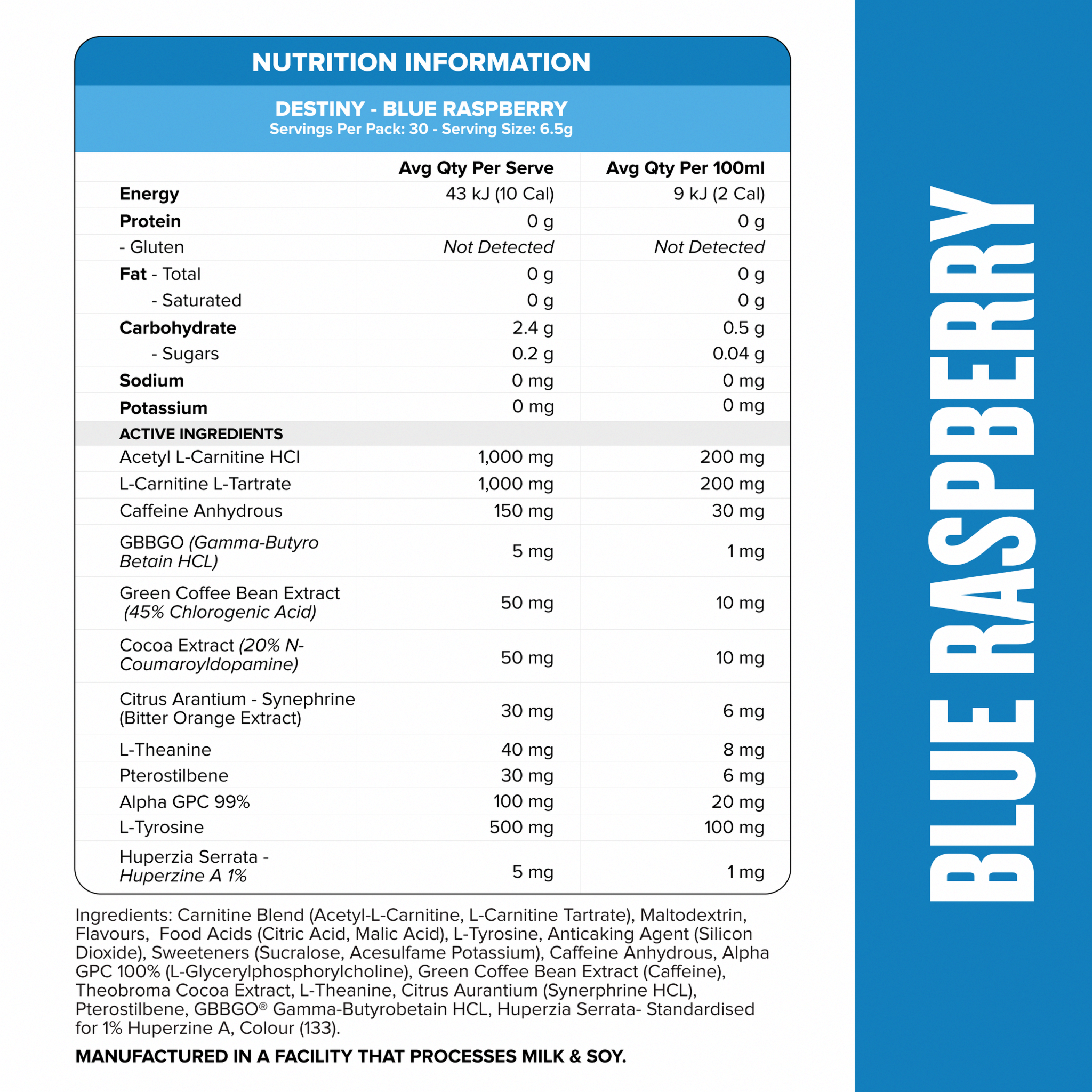 DESTINY Pre-Workout Burn - Blue Raspberry - 30 serves