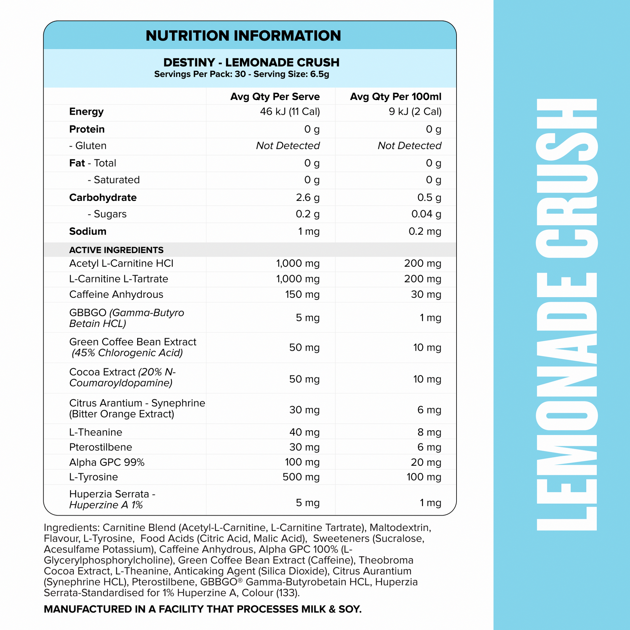 DESTINY Pre-Workout Burn - Lemonade Crush - 30 serves
