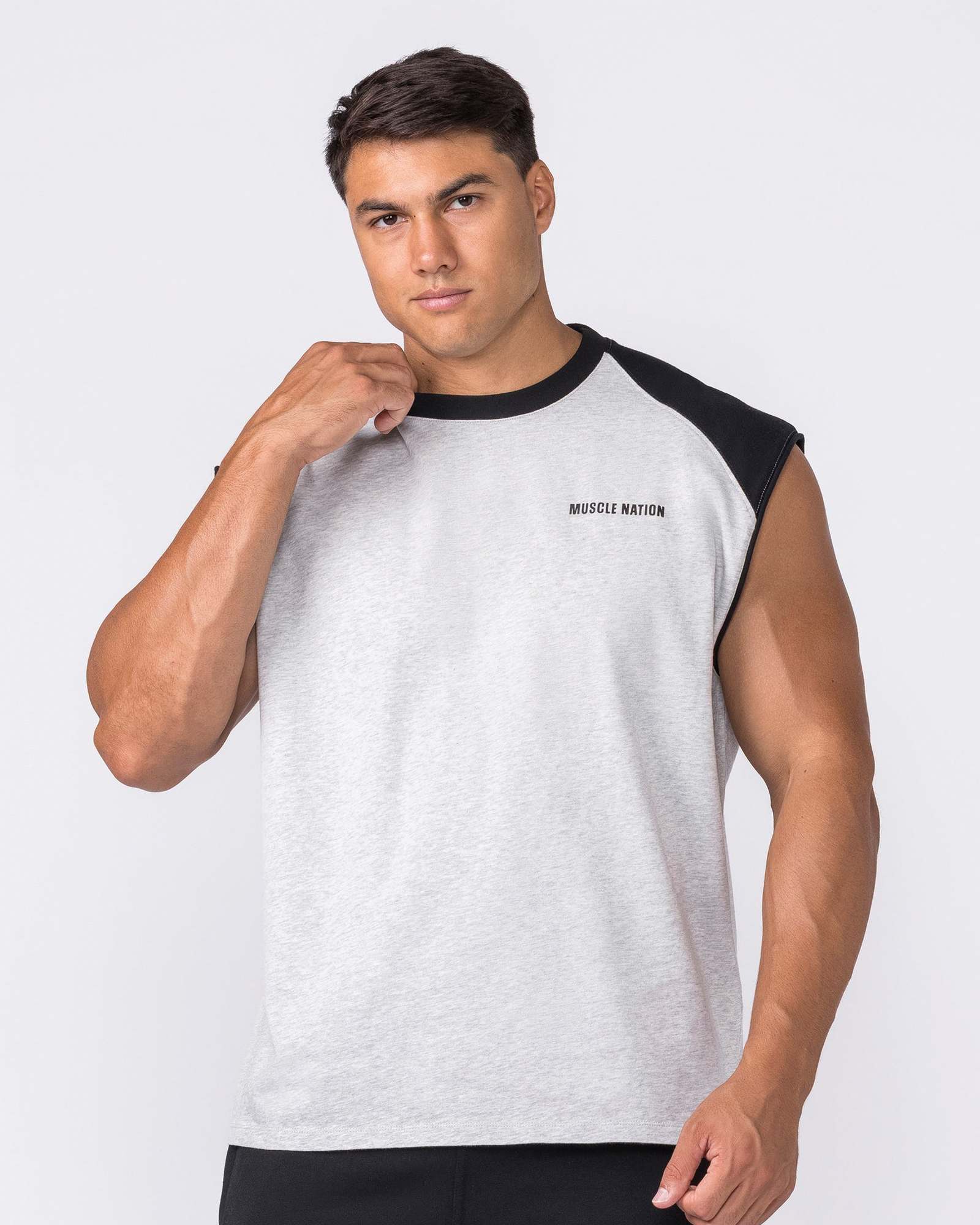 Essential Raglan Boxy Muscle Tank - Grey Marl / Black