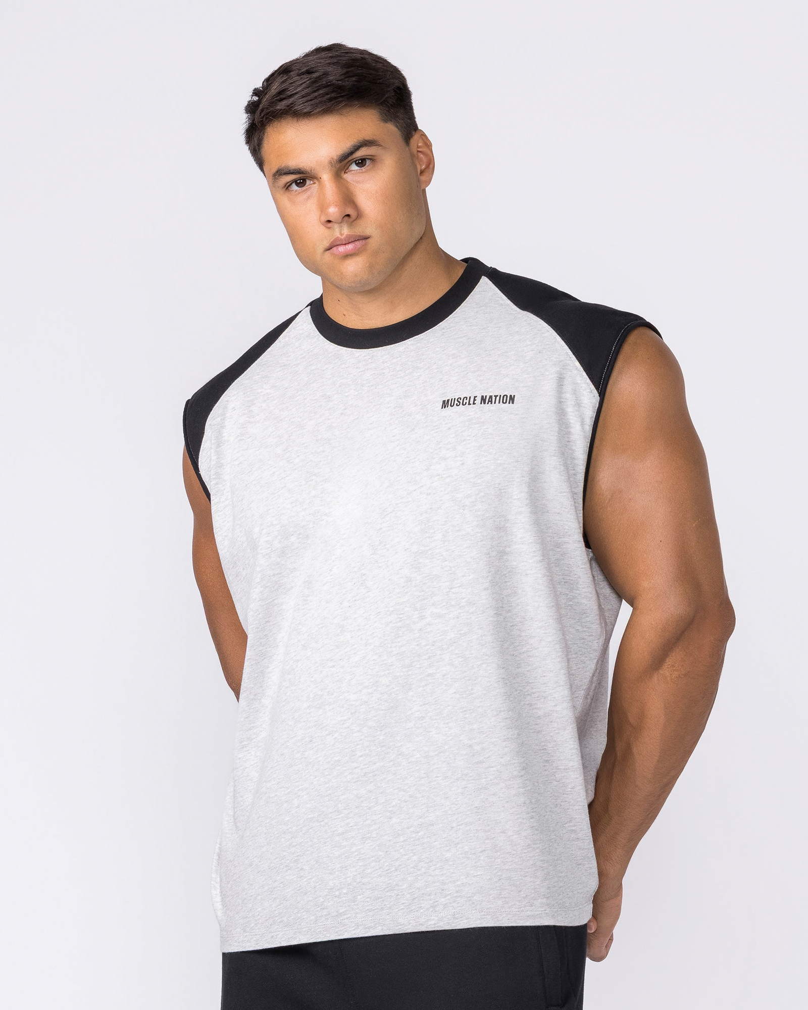 Essential Raglan Boxy Muscle Tank - Grey Marl / Black