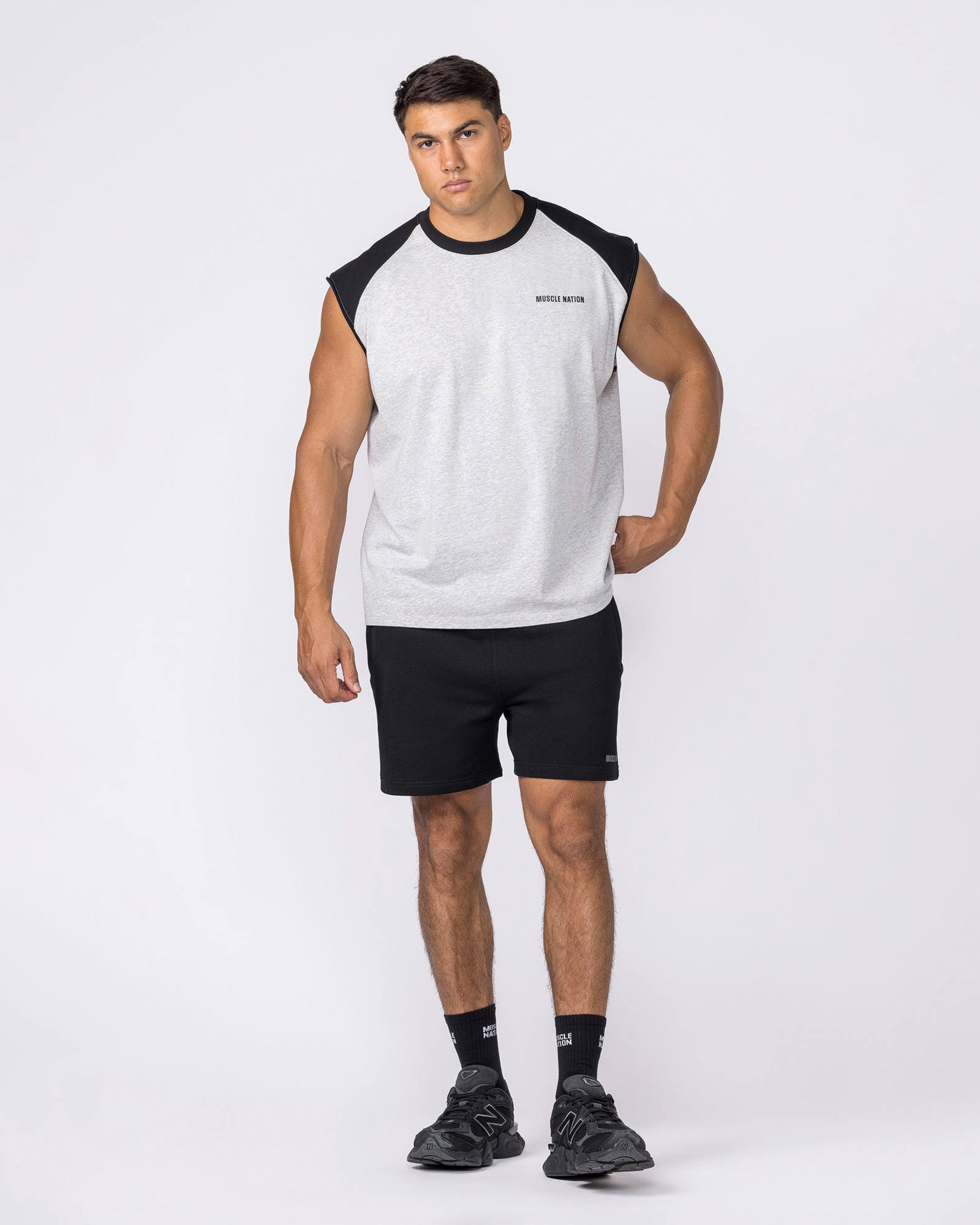 Essential Raglan Boxy Muscle Tank - Grey Marl / Black