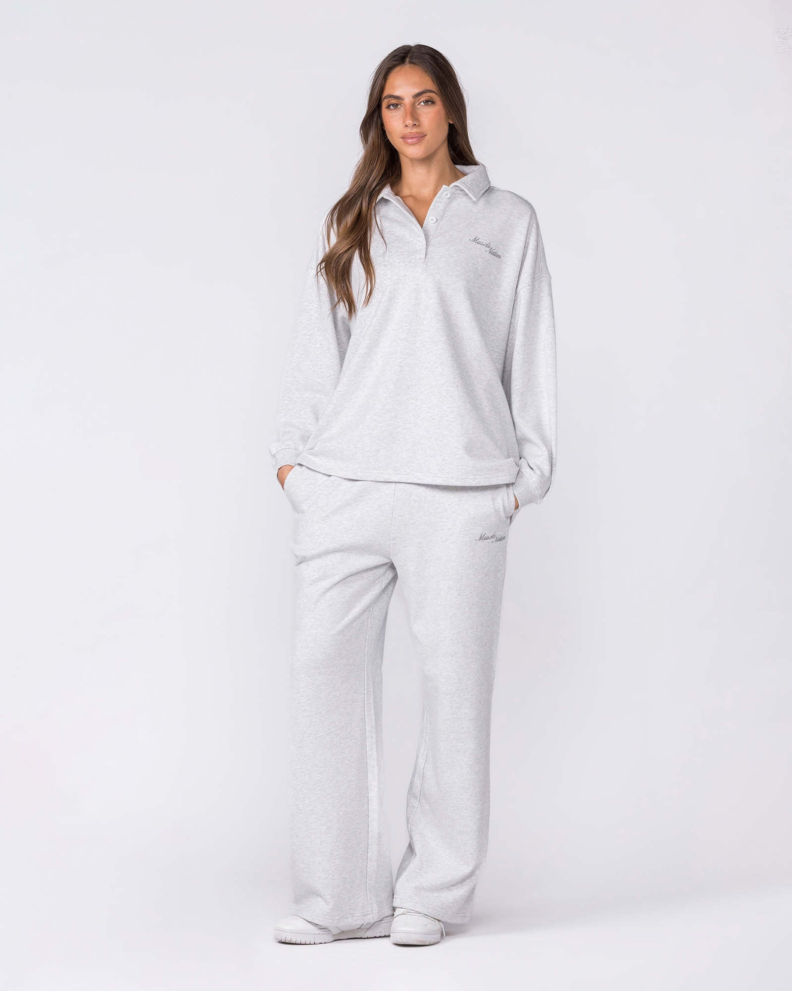 Loopback Straight Leg Trackies - Snow Grey Marl
