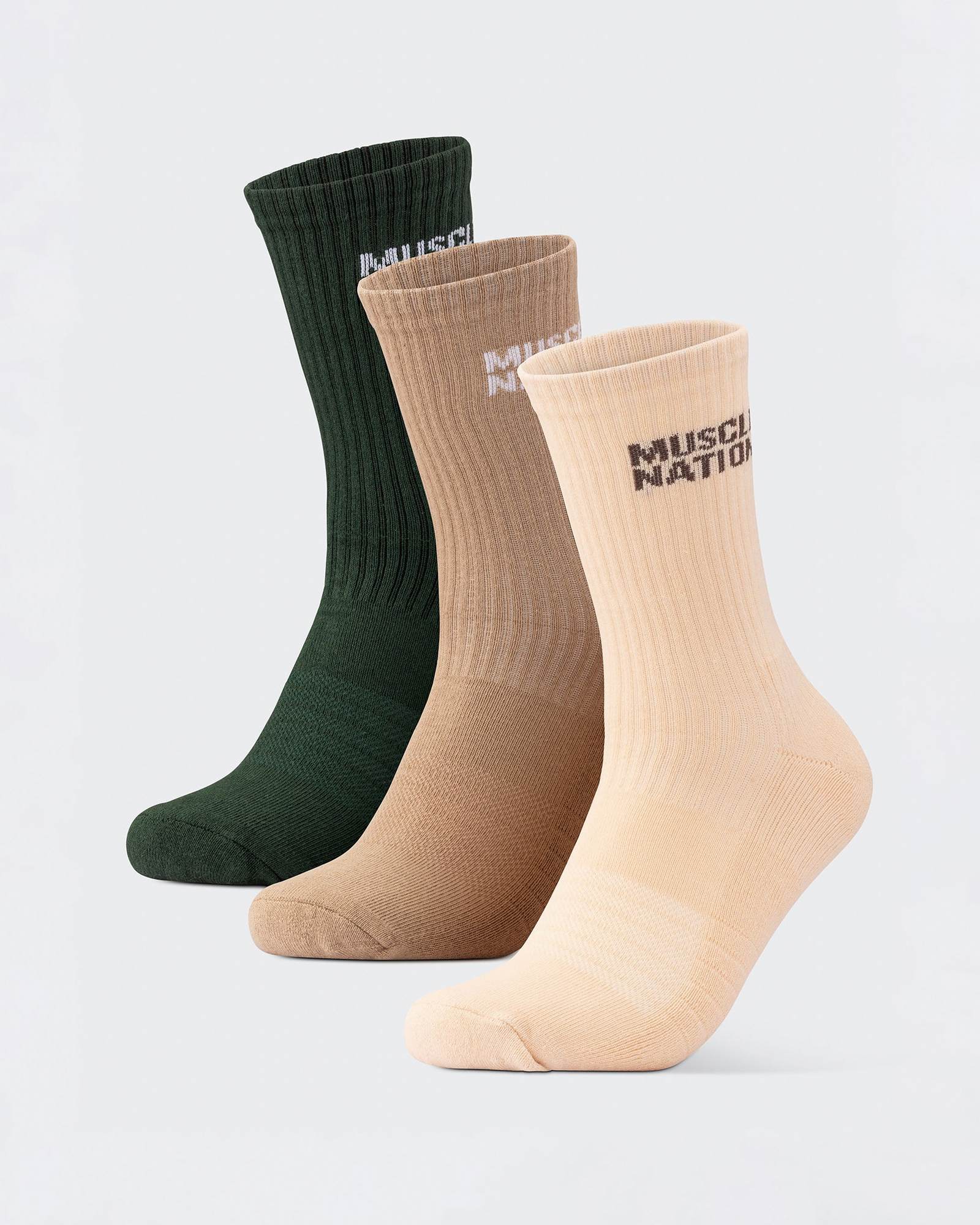Mens Essential Crew Socks (3x Pack) - Cream / Eggshell / Evergreen