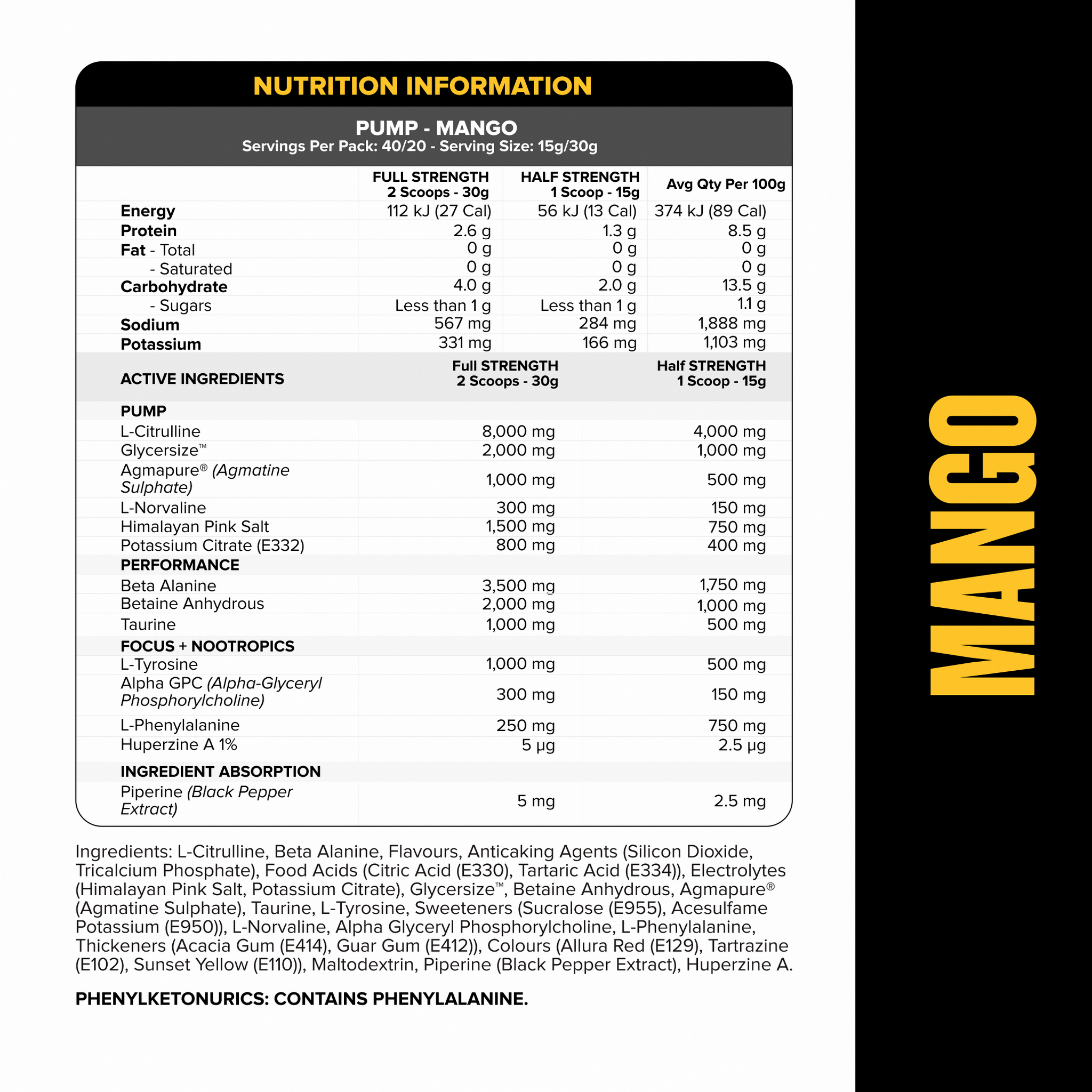 PUMP Pre-Workout Caffeine Free - Mango - 40 serves