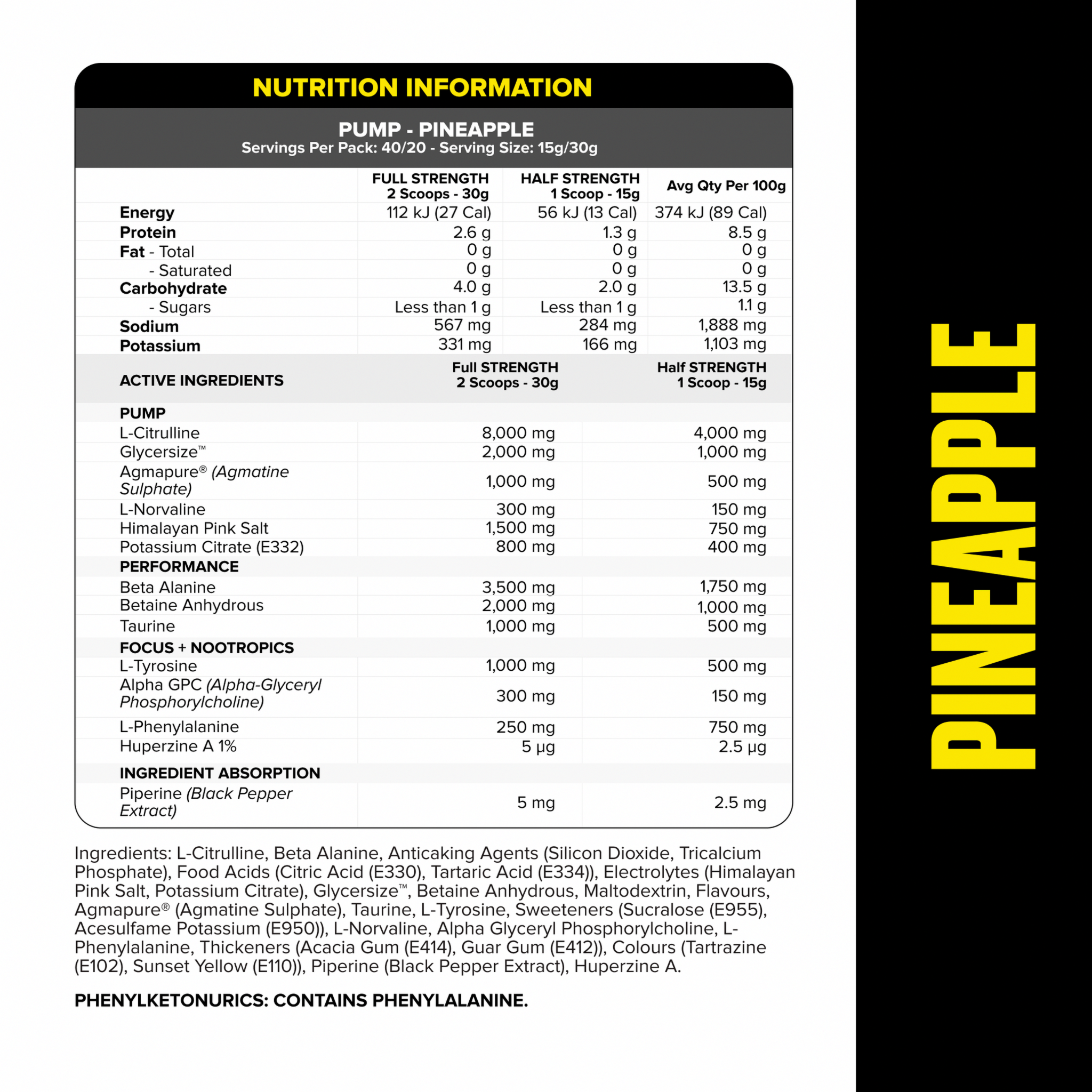 PUMP Pre-Workout Caffeine Free - Pineapple - 40 serves