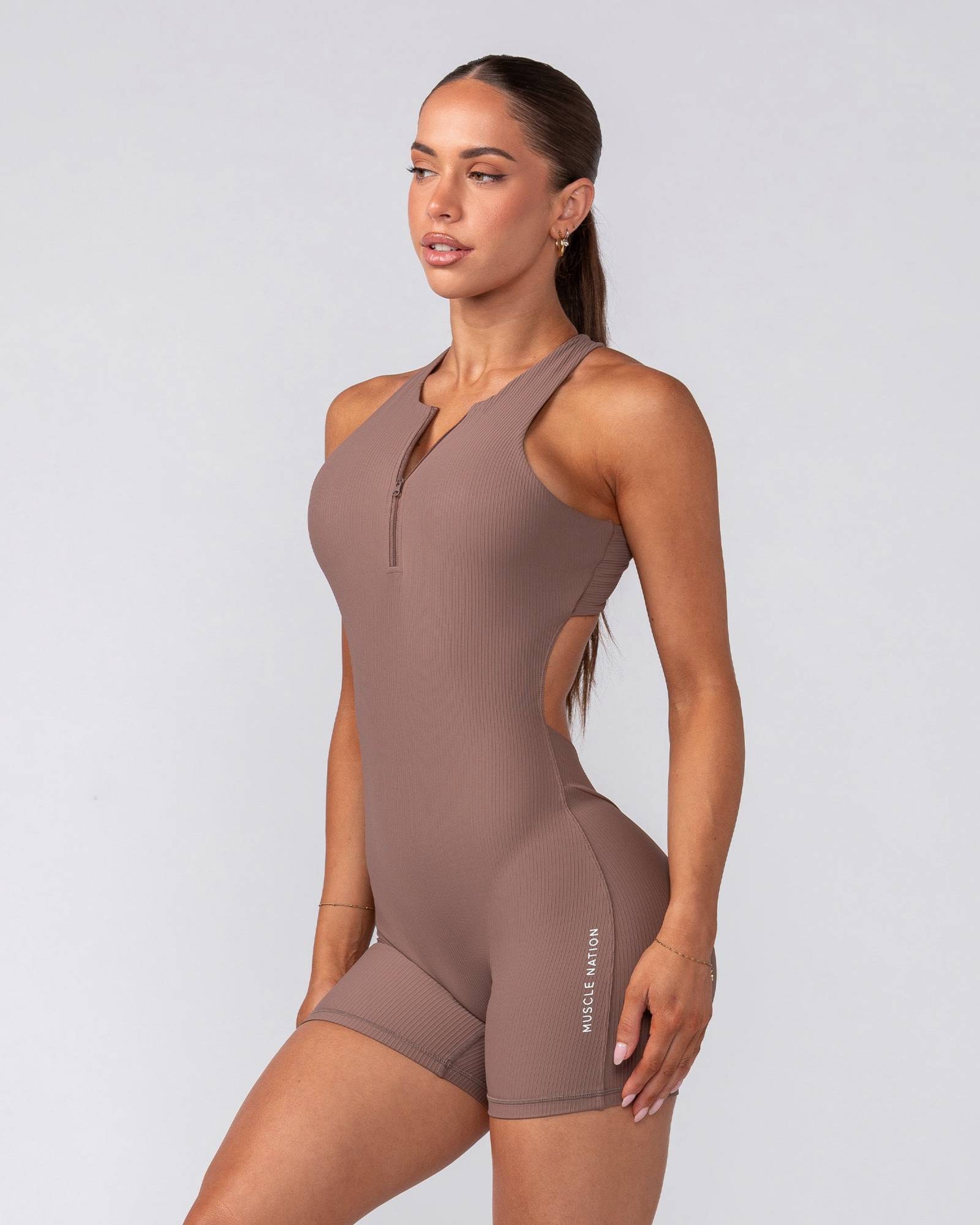 Rib Zip Up One Piece - Frappe