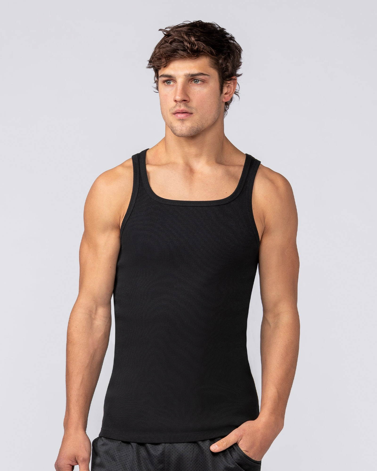 Ribbed Fitted Square Neck Training Tank - Black
