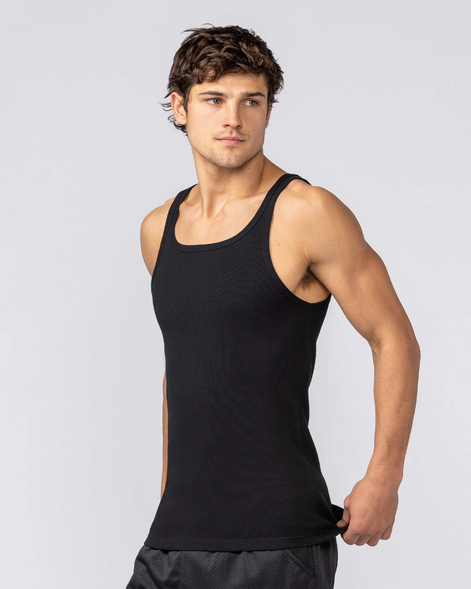 Ribbed Fitted Square Neck Training Tank - Black