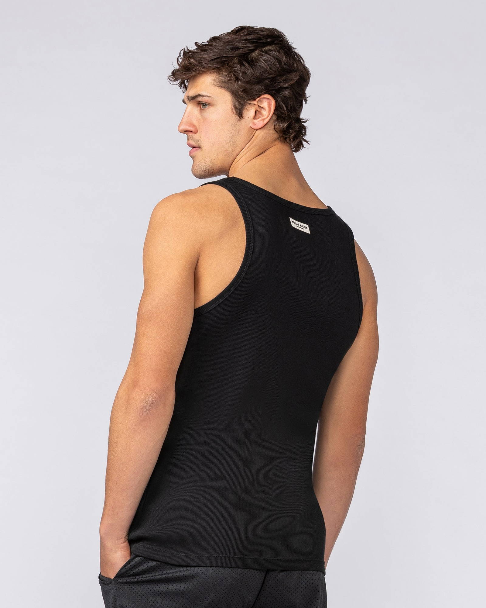 Ribbed Fitted Square Neck Training Tank - Black