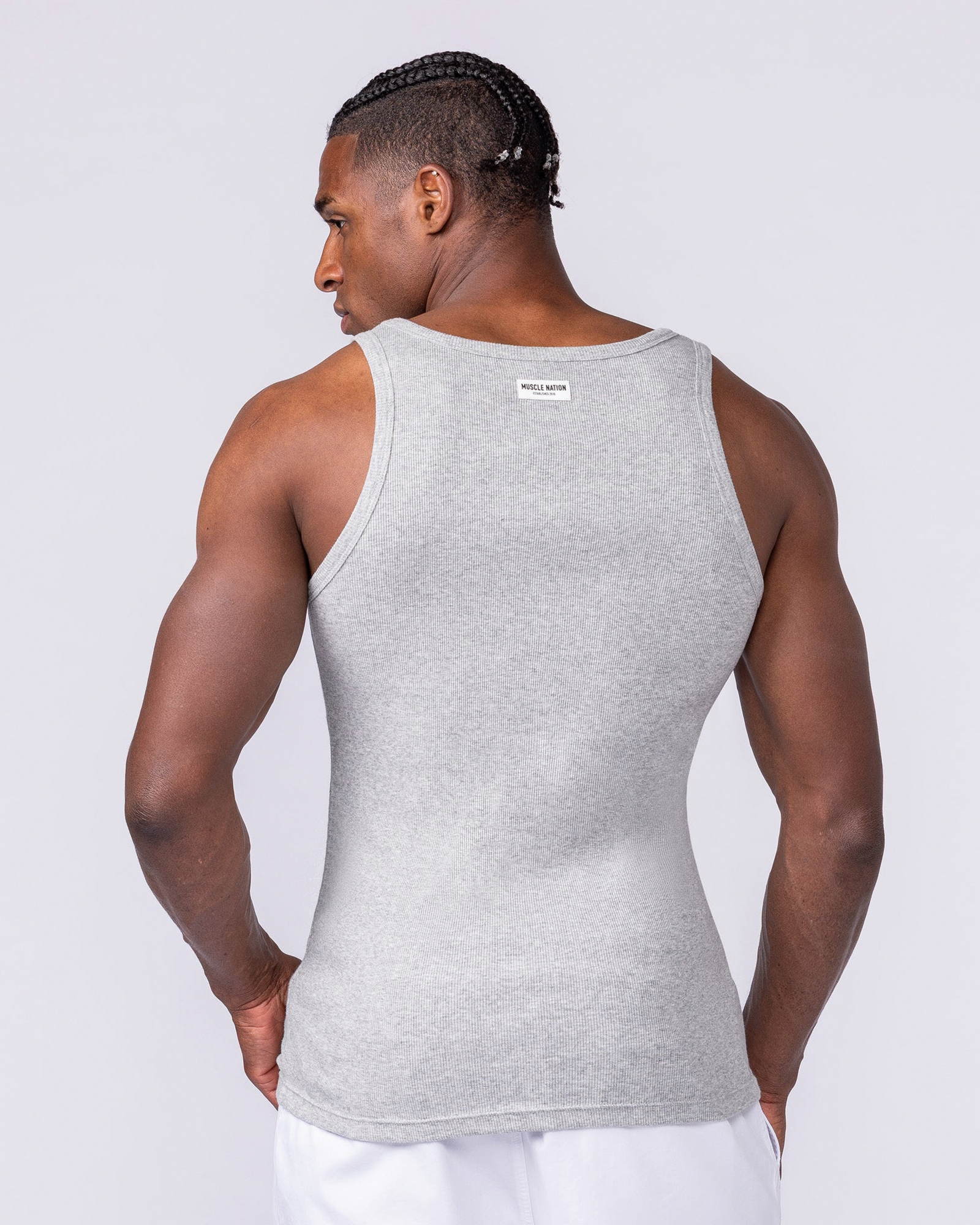 Ribbed Fitted Square Neck Training Tank - Grey Marl