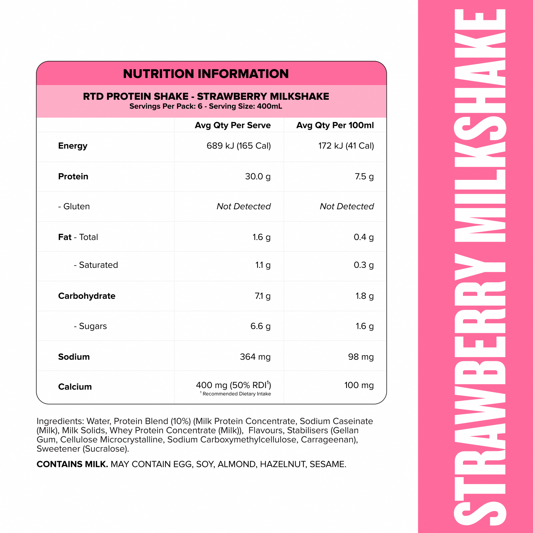 Protein Shake RTD - Strawberry Milkshake 400ml Bottle (6 Pack)