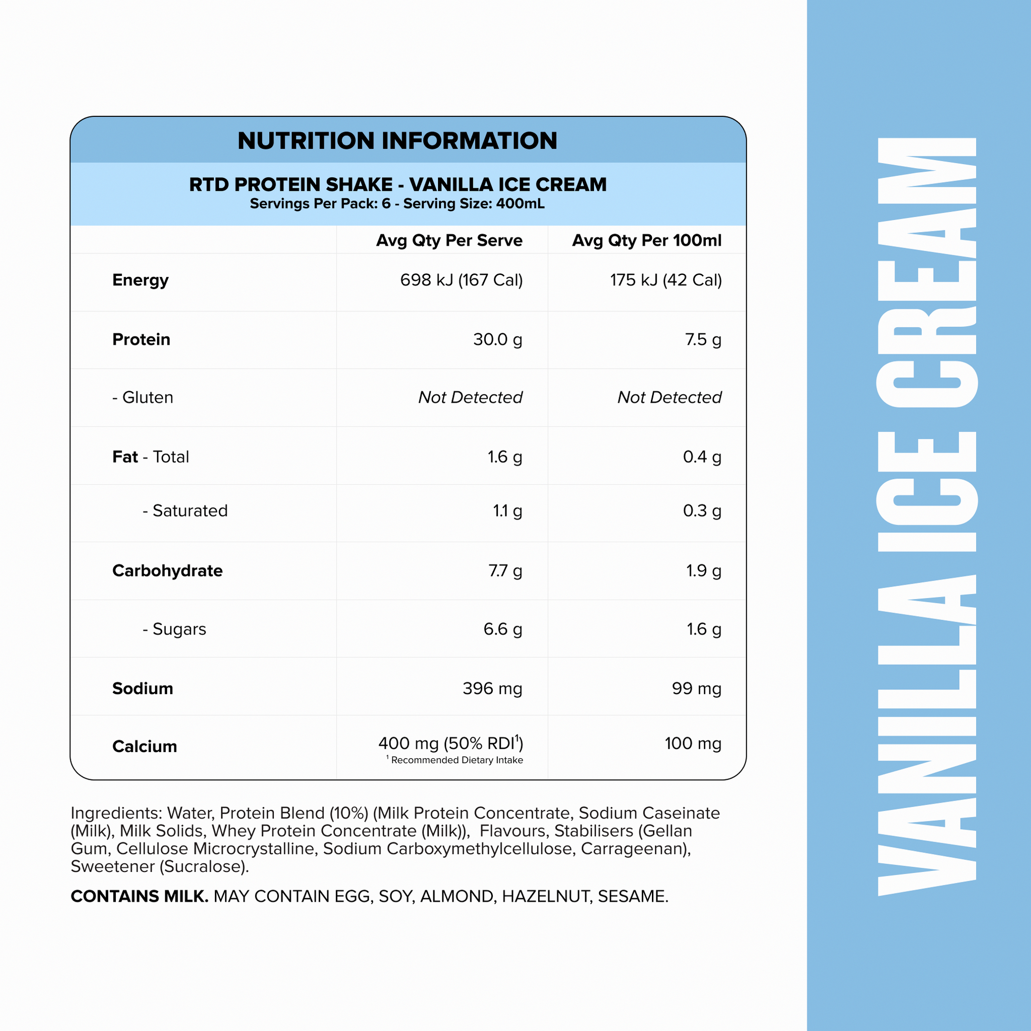 Protein Shake RTD - Vanilla Ice Cream 400ml Bottle (6 Pack)